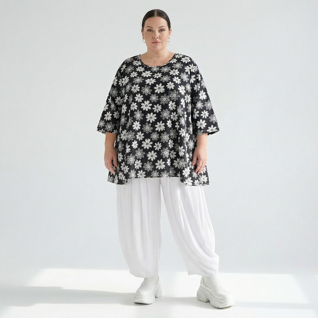 A-Form Bigshirt von AKH Fashion aus Viskose, 1575.00593, Schwarz/Weiß, Blumen, Ausgefallen