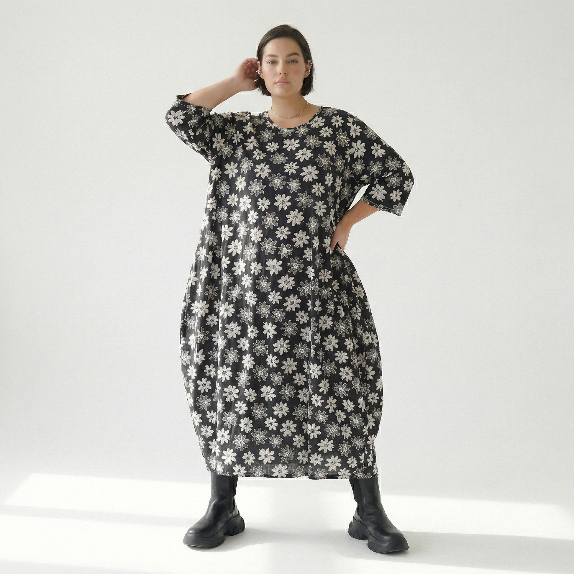 Ballonkleid von AKH Fashion aus Viskose, 1575.01926, Schwarz/Weiß, Blumen, Ausgefallen