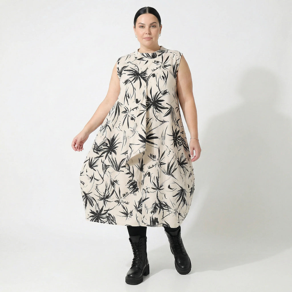 Ballonkleid von AKH Fashion aus Baumwolle, 1578.07072, Ecru/Schwarz, Blumen, Ausgefallen