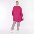 Abstrakte Karottenhose im ausgefallen legeren Lagenlook aus stretchigem Bengaline Material, Marine/Fuchsia/Weiß