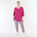 Abstrakte Karottenhose im ausgefallen legeren Lagenlook aus stretchigem Bengaline Material, Marine/Fuchsia/Weiß
