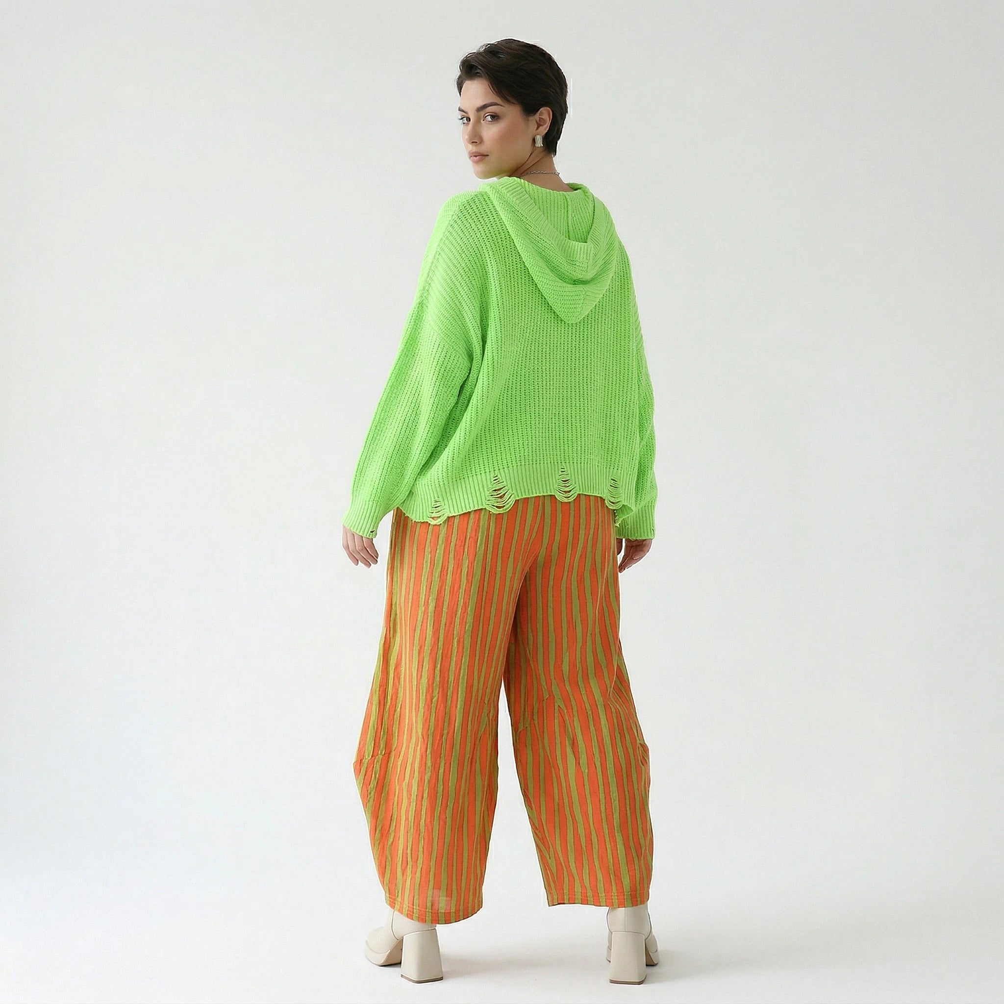 Ballon Hose im außergewöhnlichen Lagenlook aus leichter Baumwolle mit Flügeltaschen, Orange/Apfelgrün