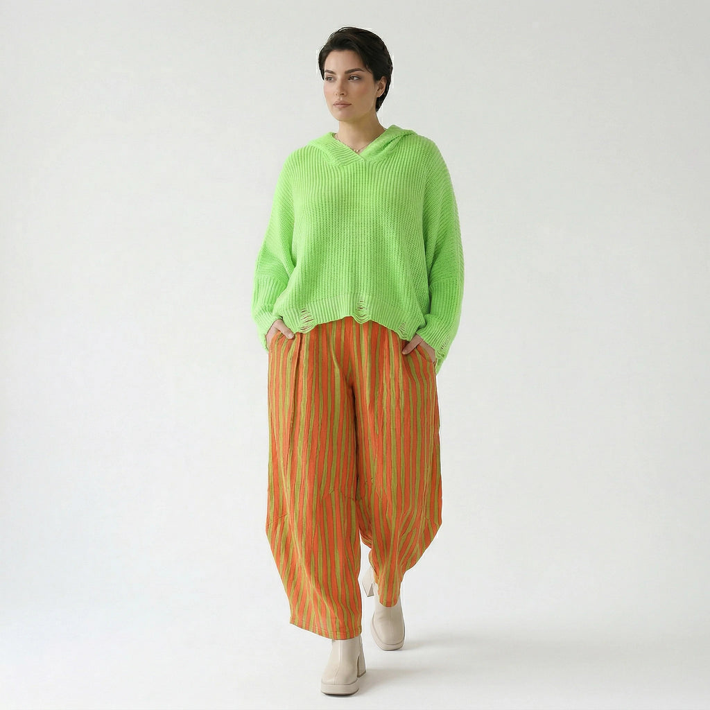 Ballon Hose im außergewöhnlichen Lagenlook aus leichter Baumwolle mit Flügeltaschen, Orange/Apfelgrün