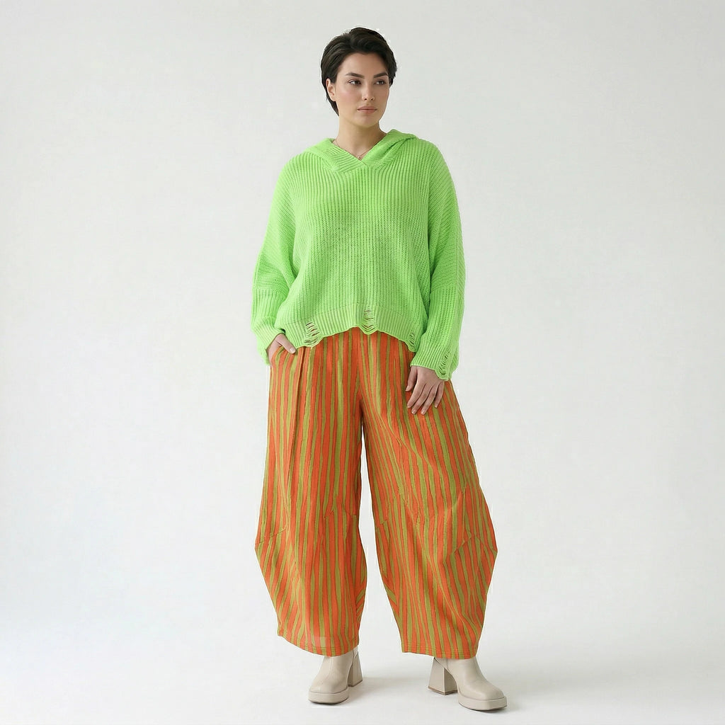 Ballon Hose im außergewöhnlichen Lagenlook aus leichter Baumwolle mit Flügeltaschen, Orange/Apfelgrün