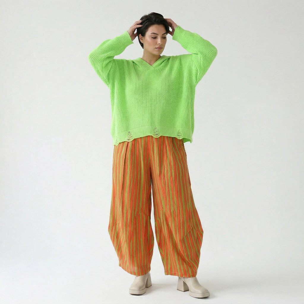 Ballon Hose im außergewöhnlichen Lagenlook aus leichter Baumwolle mit Flügeltaschen, Orange/Apfelgrün