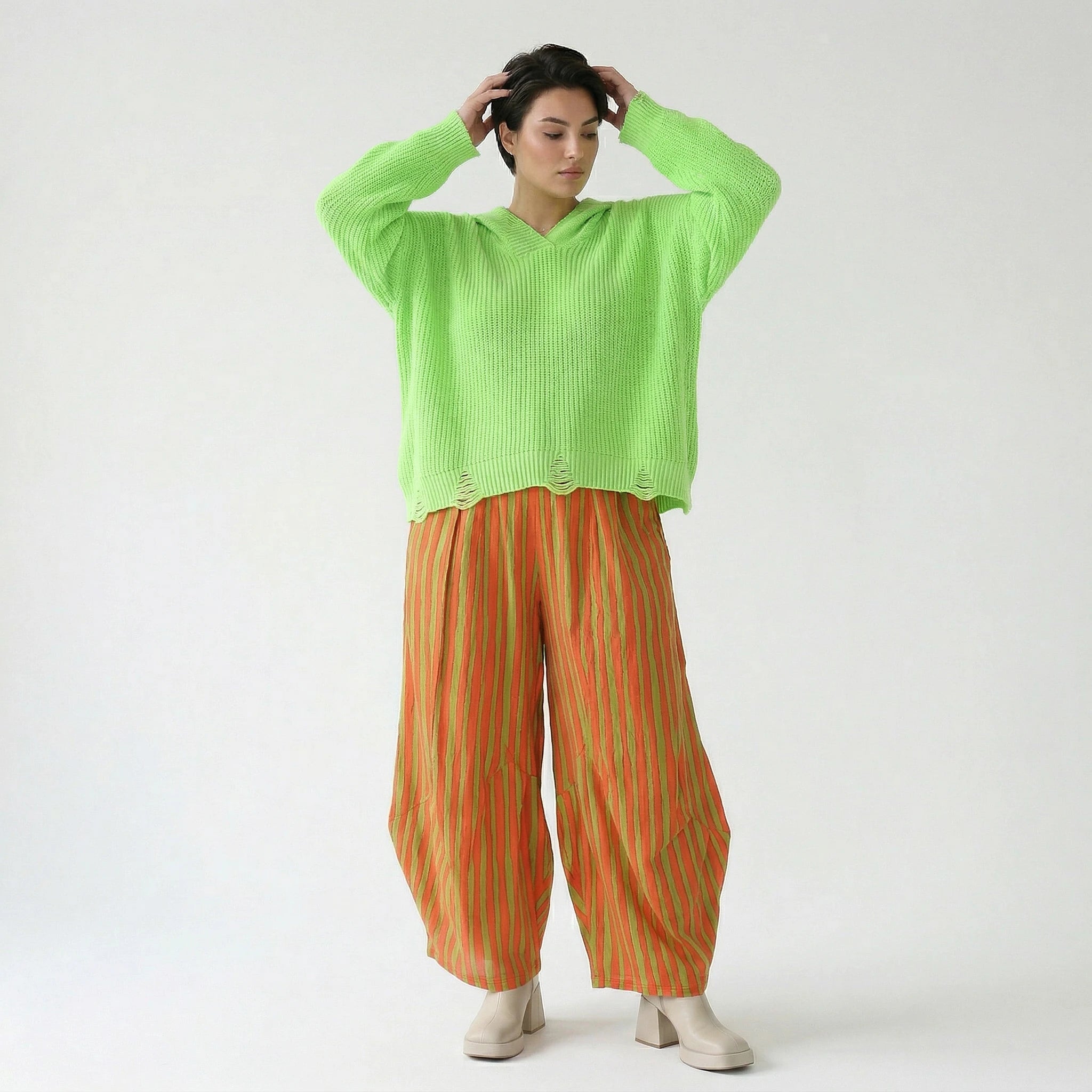 Ballon Hose im außergewöhnlichen Lagenlook aus leichter Baumwolle mit Flügeltaschen, Orange/Apfelgrün