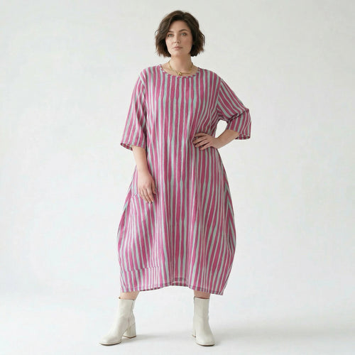 Luftig leichtes Oversize Kleid im Ballon Lagenlook mit ausgefallenen Blockstreifen, Fuchsia/Mint