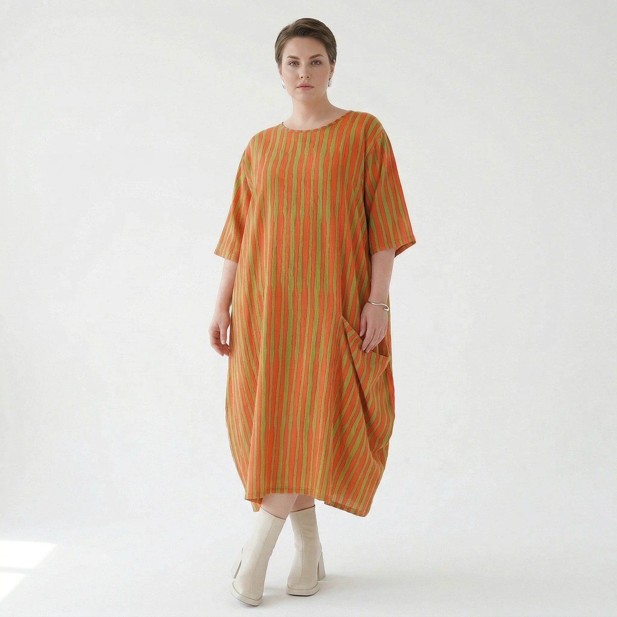 Luftiges Ballon Kleid im Lagenlook mit ausgefallenen Blockstreifen und zeitloser Leinen Optik, Orange/Apfelgrün