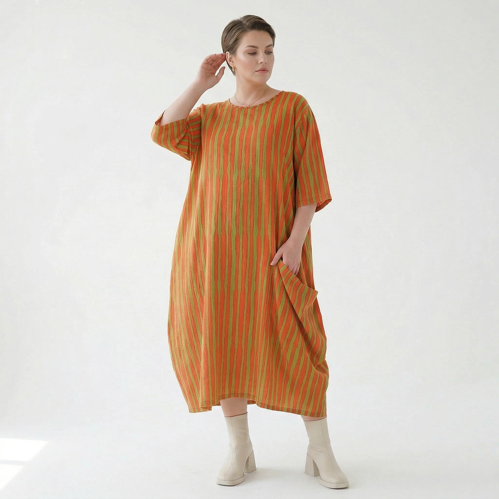 Luftiges Ballon Kleid im Lagenlook mit ausgefallenen Blockstreifen und zeitloser Leinen Optik, Orange/Apfelgrün