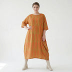 Luftiges Ballon Kleid im Lagenlook mit ausgefallenen Blockstreifen und zeitloser Leinen Optik, Orange/Apfelgrün