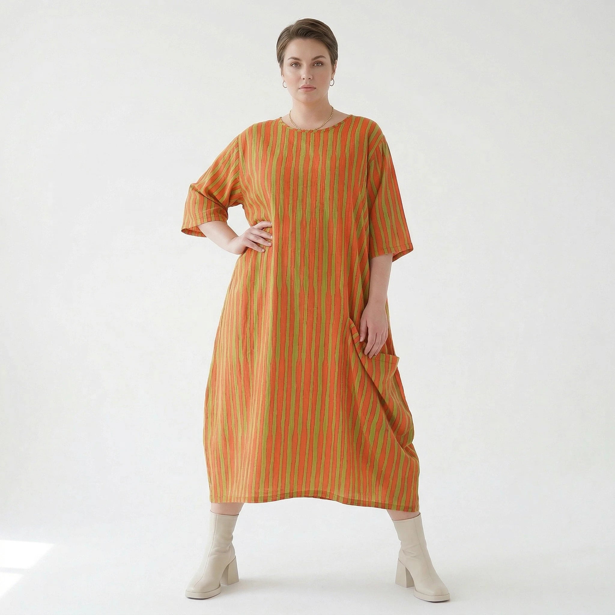 Luftiges Ballon Kleid im Lagenlook mit ausgefallenen Blockstreifen und zeitloser Leinen Optik, Orange/Apfelgrün