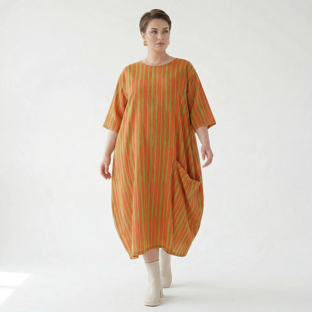 Luftiges Ballon Kleid im Lagenlook mit ausgefallenen Blockstreifen und zeitloser Leinen Optik, Orange/Apfelgrün