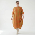 Luftiges Ballon Kleid im Lagenlook mit ausgefallenen Blockstreifen und zeitloser Leinen Optik, Orange/Apfelgrün