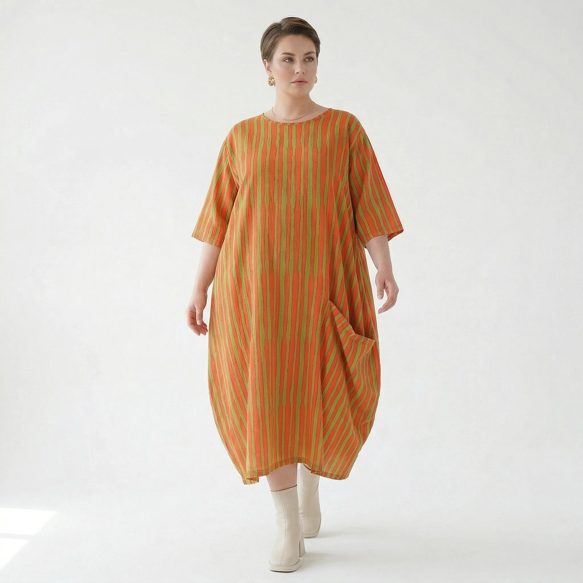 Luftiges Ballon Kleid im Lagenlook mit ausgefallenen Blockstreifen und zeitloser Leinen Optik, Orange/Apfelgrün