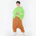 Leicht fließende Lagenlook Harem Hose mit Blockstreifen, luftigem Oversize Schnitt, Orange/Apfelgrün