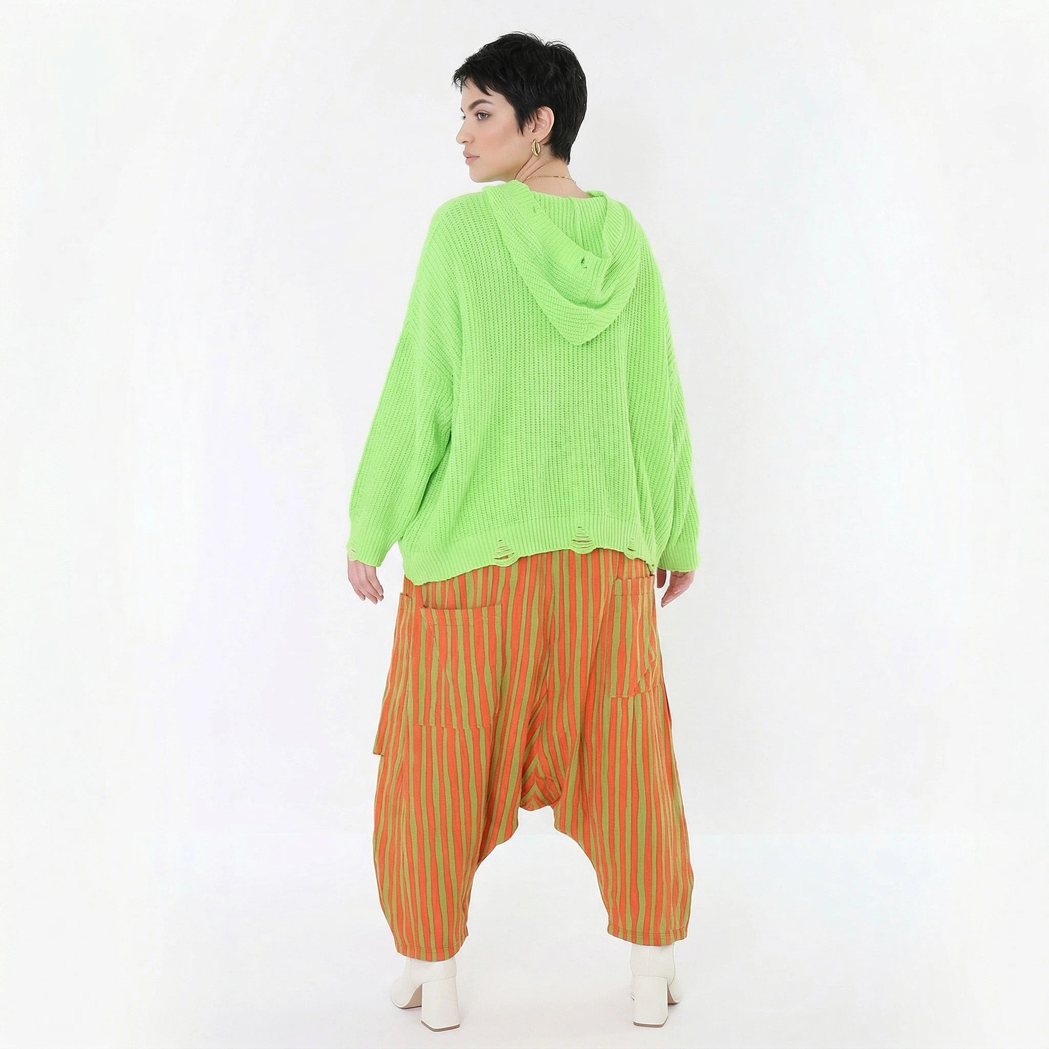 Leicht fließende Lagenlook Harem Hose mit Blockstreifen, luftigem Oversize Schnitt, Orange/Apfelgrün