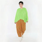 Leicht fließende Lagenlook Harem Hose mit Blockstreifen, luftigem Oversize Schnitt, Orange/Apfelgrün