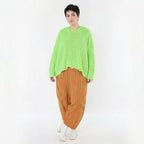 Leicht fließende Lagenlook Harem Hose mit Blockstreifen, luftigem Oversize Schnitt, Orange/Apfelgrün