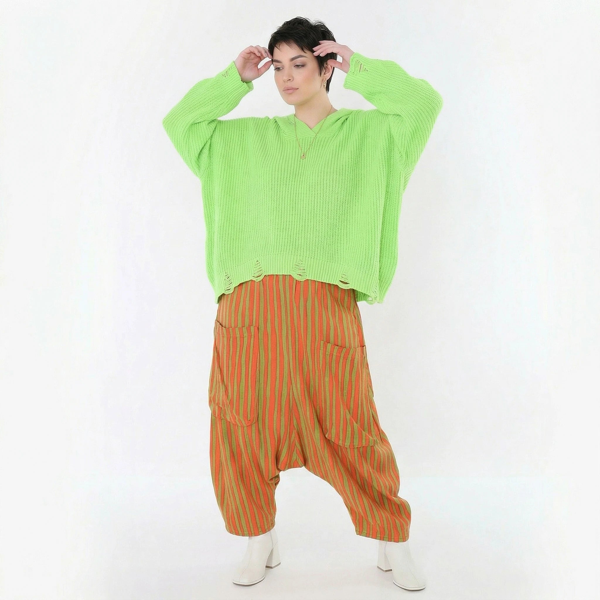 Leicht fließende Lagenlook Harem Hose mit Blockstreifen, luftigem Oversize Schnitt, Orange/Apfelgrün