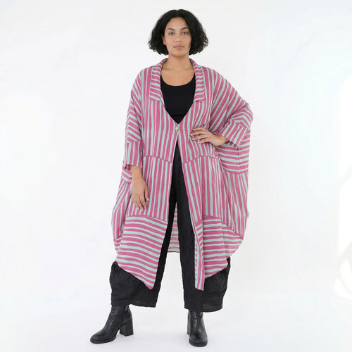 Luftig leichter Oversize Mantel mit A-Form und ausgefallenen Blockstreifen für Lagenlook, Fuchsia/Mint