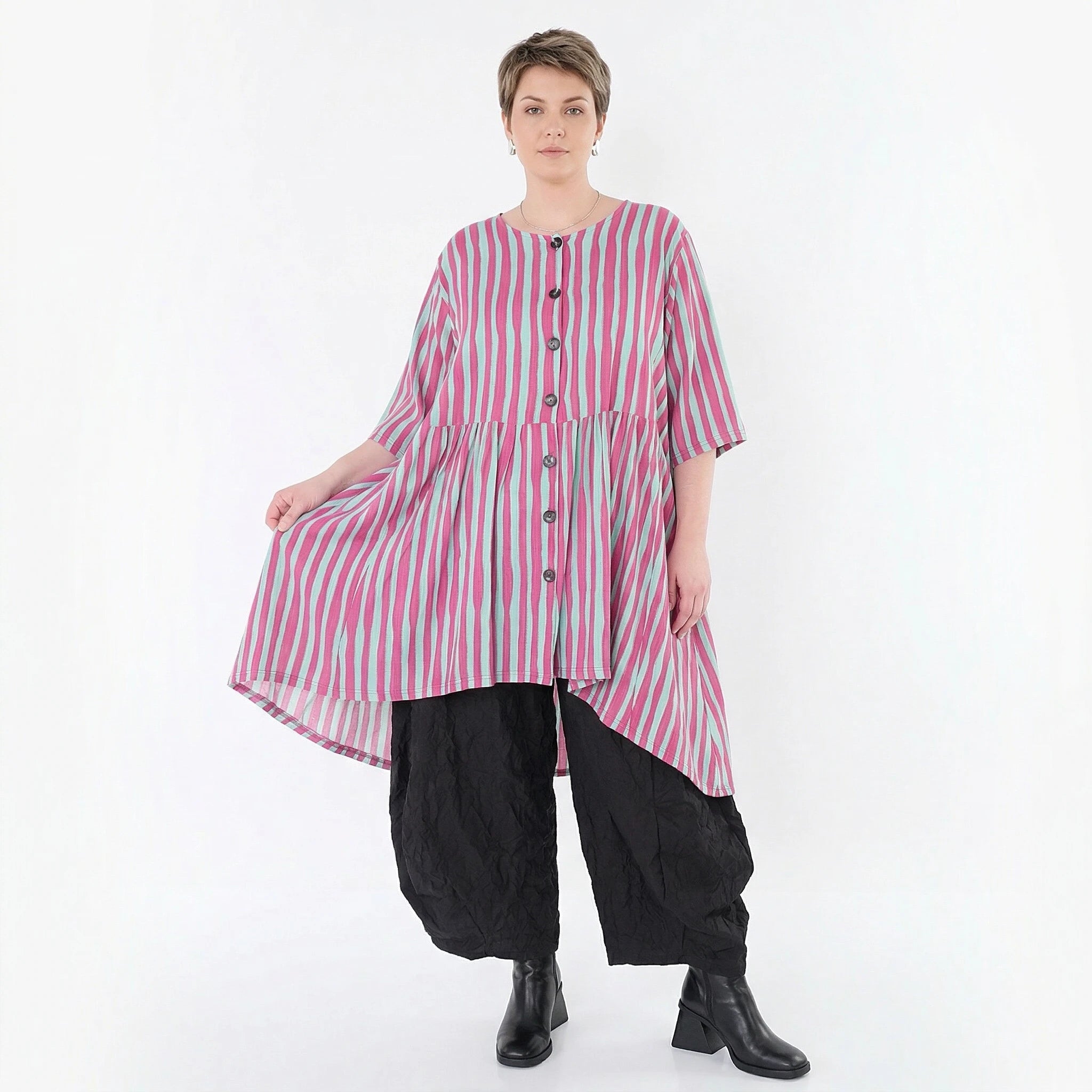 Ausgefallene Oversize Bluse in leichter Leinen Optik mit A-Form und lässigem Lagenlook, Fuchsia/Mint