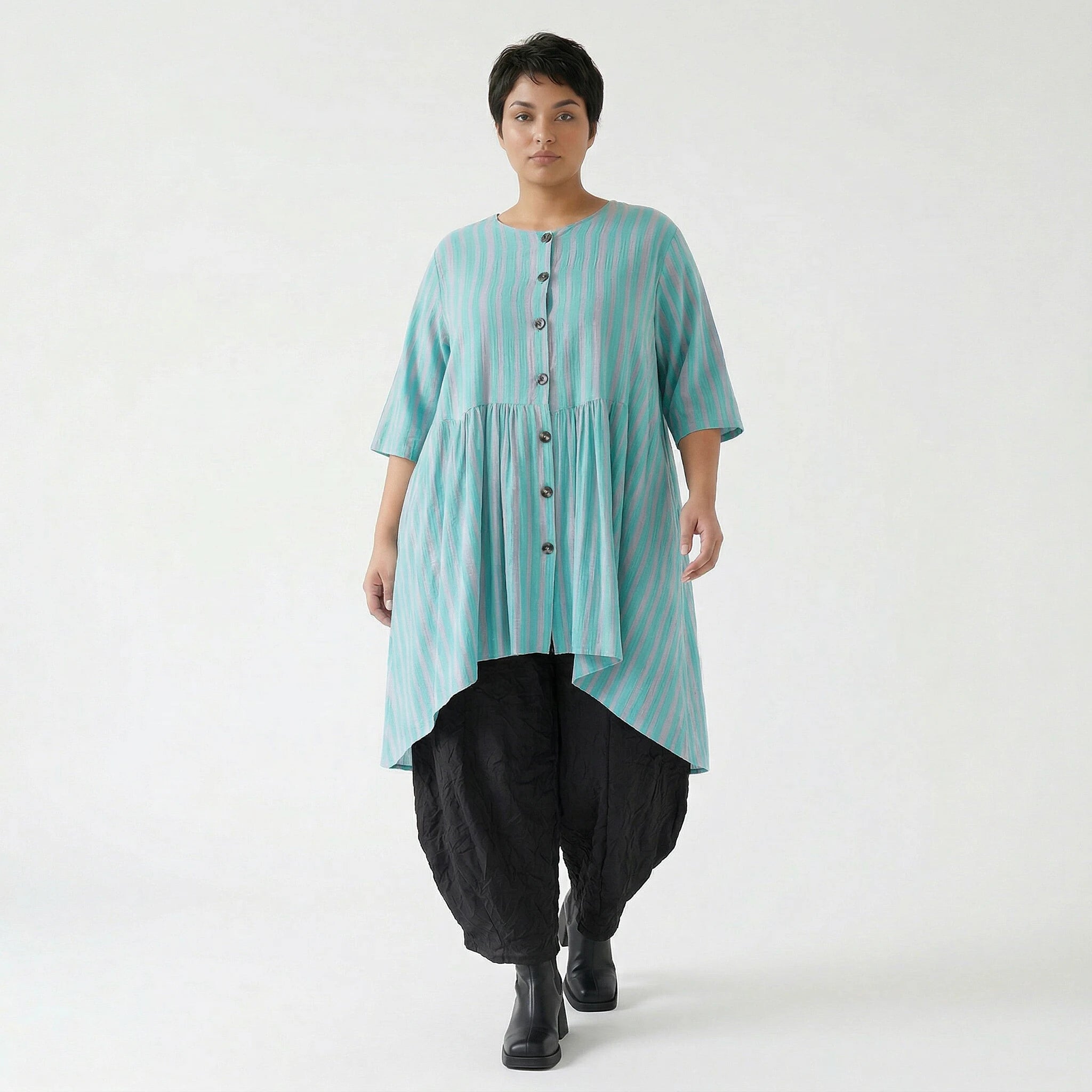 Stilvolle Oversize Bluse im ausgefallenen Lagenlook aus Baumwolle Viskose luftig und leicht, Grün/Flieder