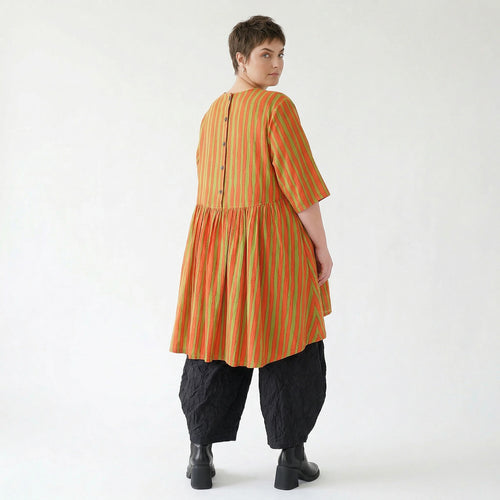 Stilvolle A-Form Bluse im Lagenlook mit luftigem Leinen Feeling und ausgefallenem Blockstreifen, Orange/Apfelgrün