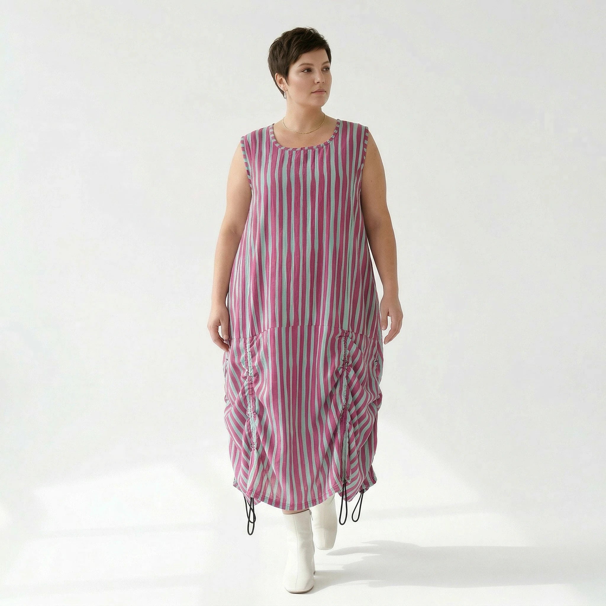 Luftiges Ballonkleid in lässigem Oversize Lagenlook mit raffiniertem Blockstreifenmuster, Fuchsia/Mint