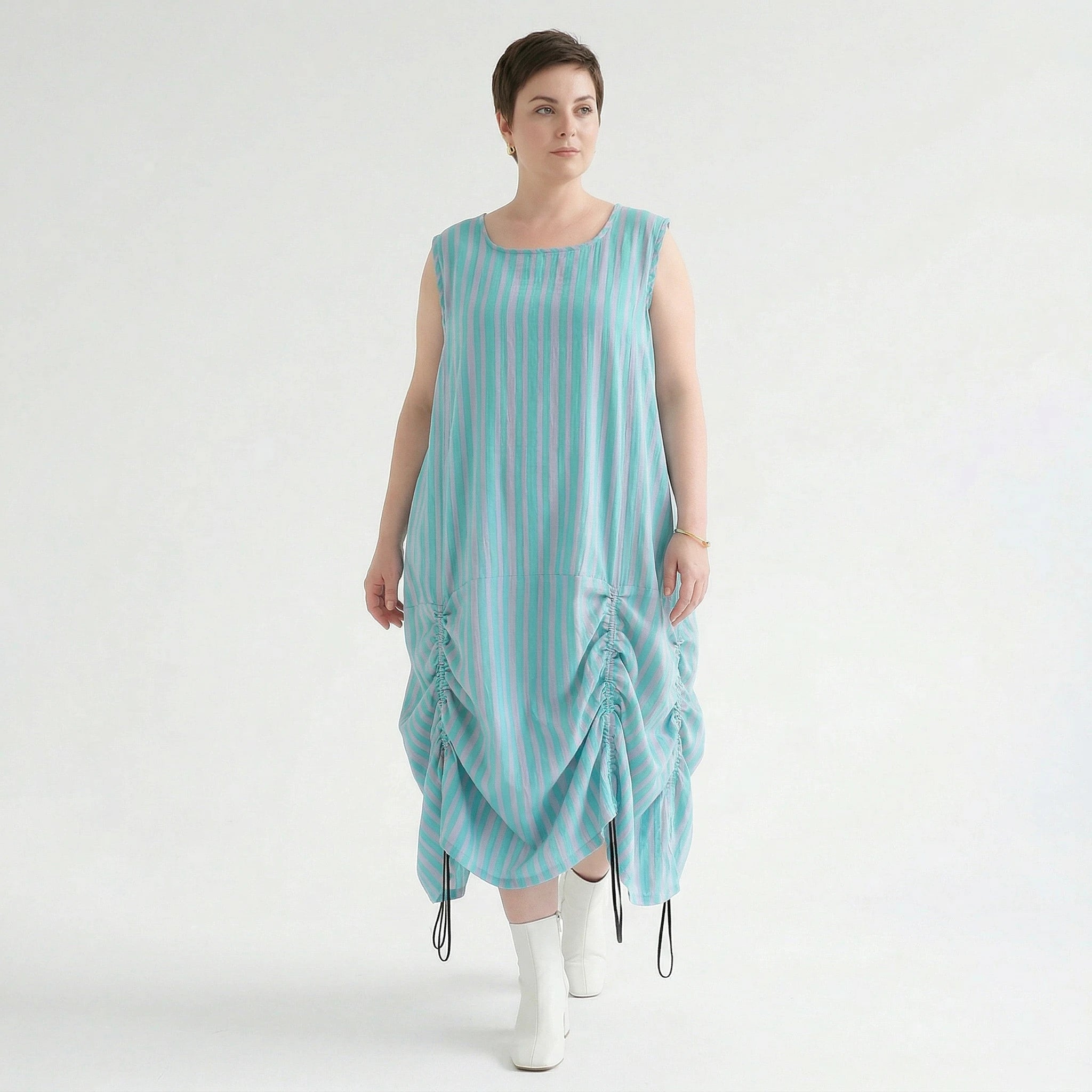 Luftig zeitloses Ballon Kleid aus Baumwolle und Viskose im Lagenlook mit Tunnelzug, Grün/Flieder