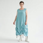 Luftig zeitloses Ballon Kleid aus Baumwolle und Viskose im Lagenlook mit Tunnelzug, Grün/Flieder