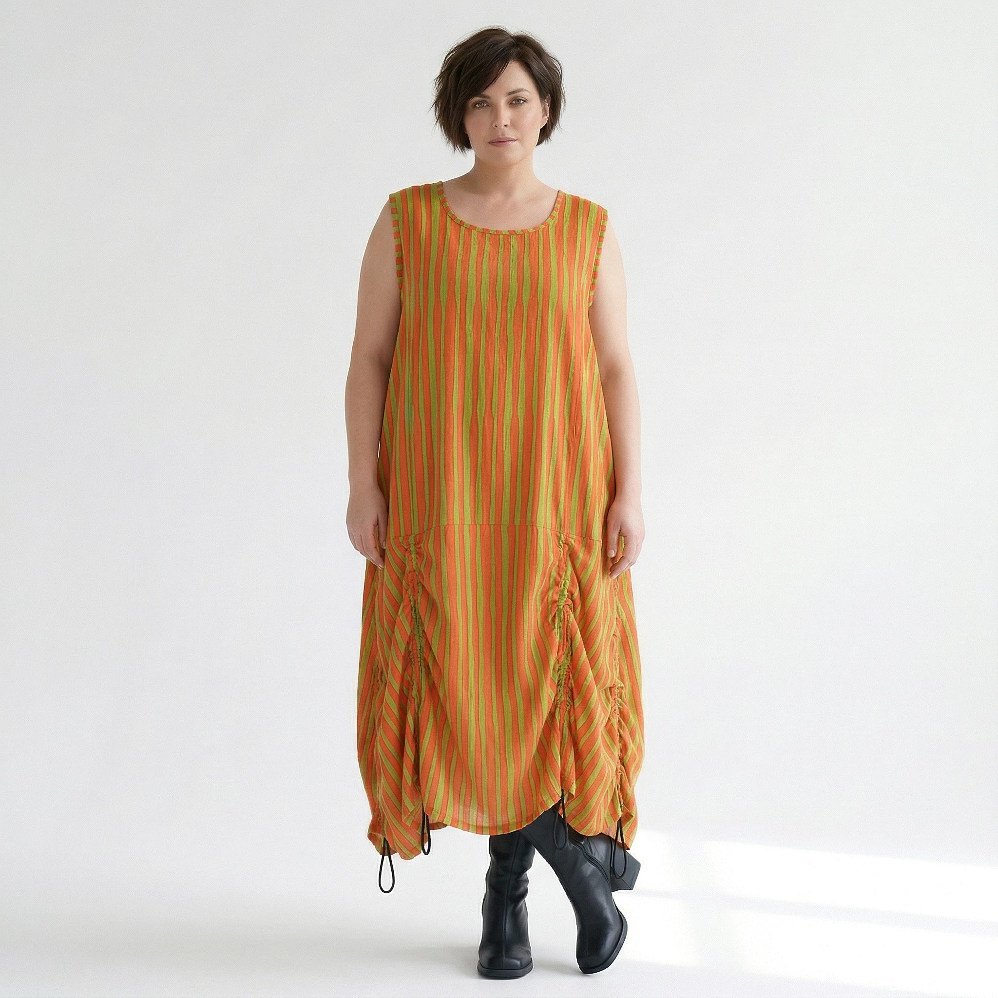 Luftig leichtes Ballonkleid im zeitlosen Lagenlook mit ausgefallenen Blockstreifen, Orange/Apfelgrün