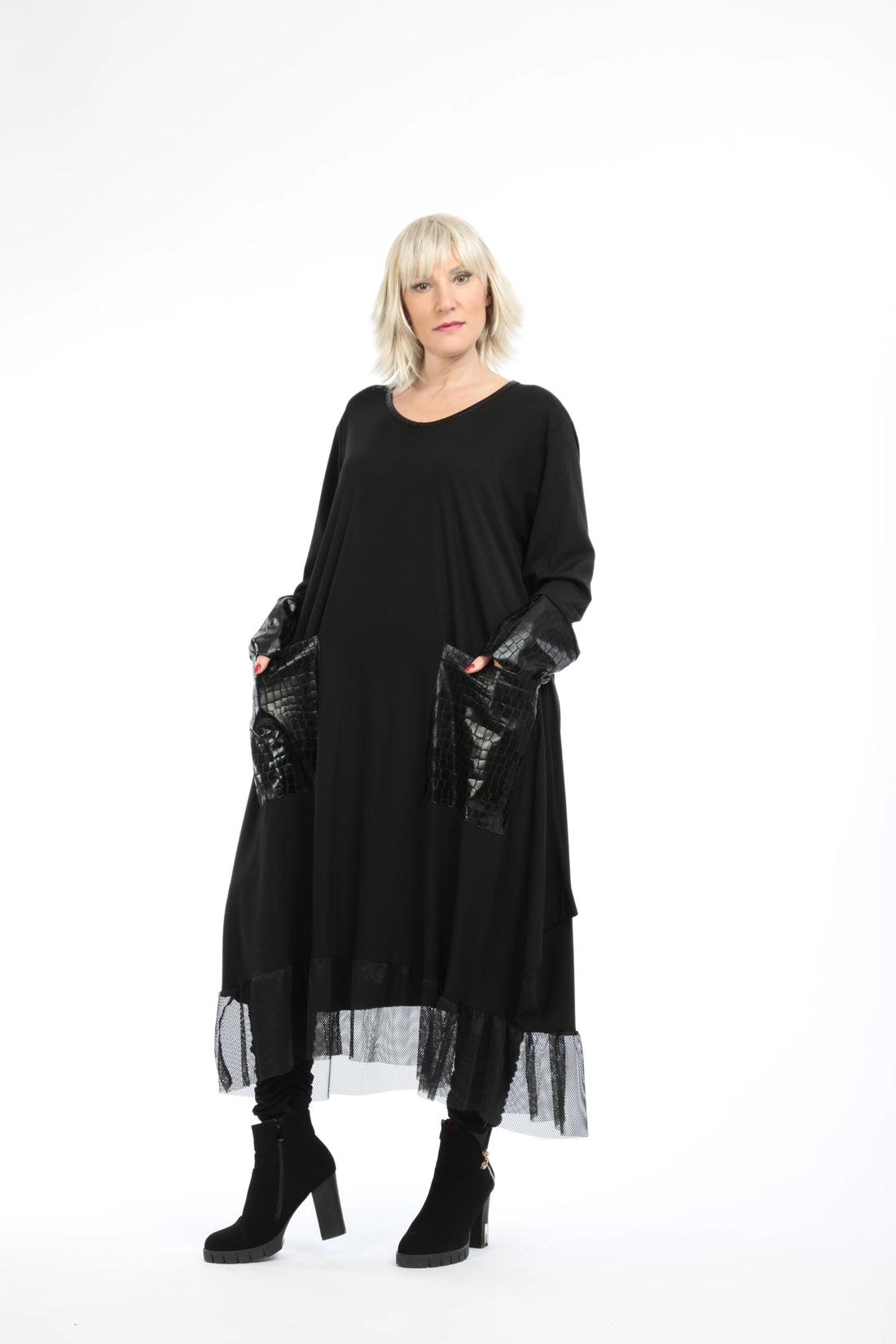  Ballonkleid von AKH Fashion aus Viskose, 1221.05909, Schwarz-Netz, Reptil, Schick, Modern