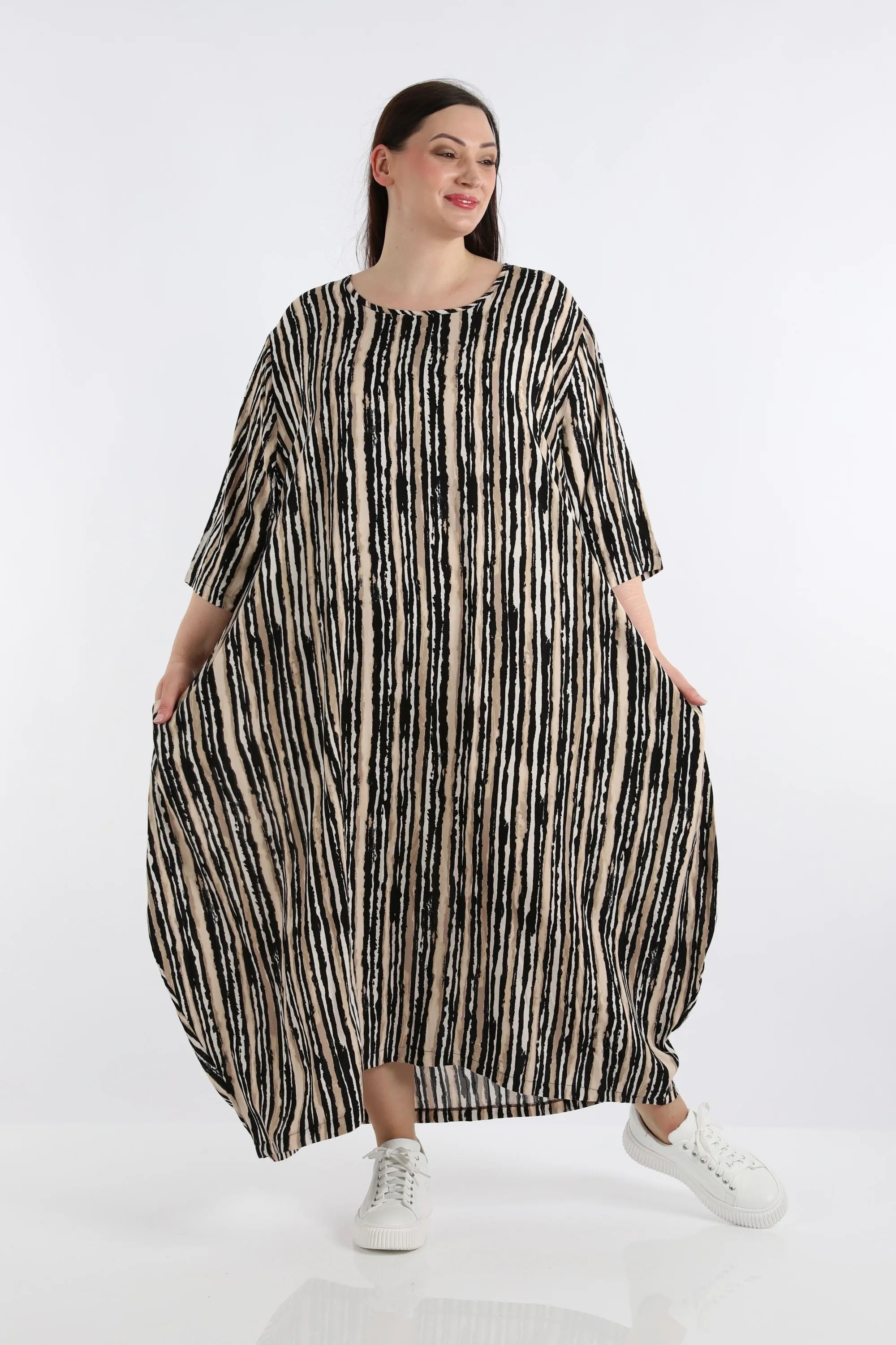  Ballonkleid von AKH Fashion aus Viskose, 1281.01926, Beige-Schwarz-Weiß, Streifen, Schick