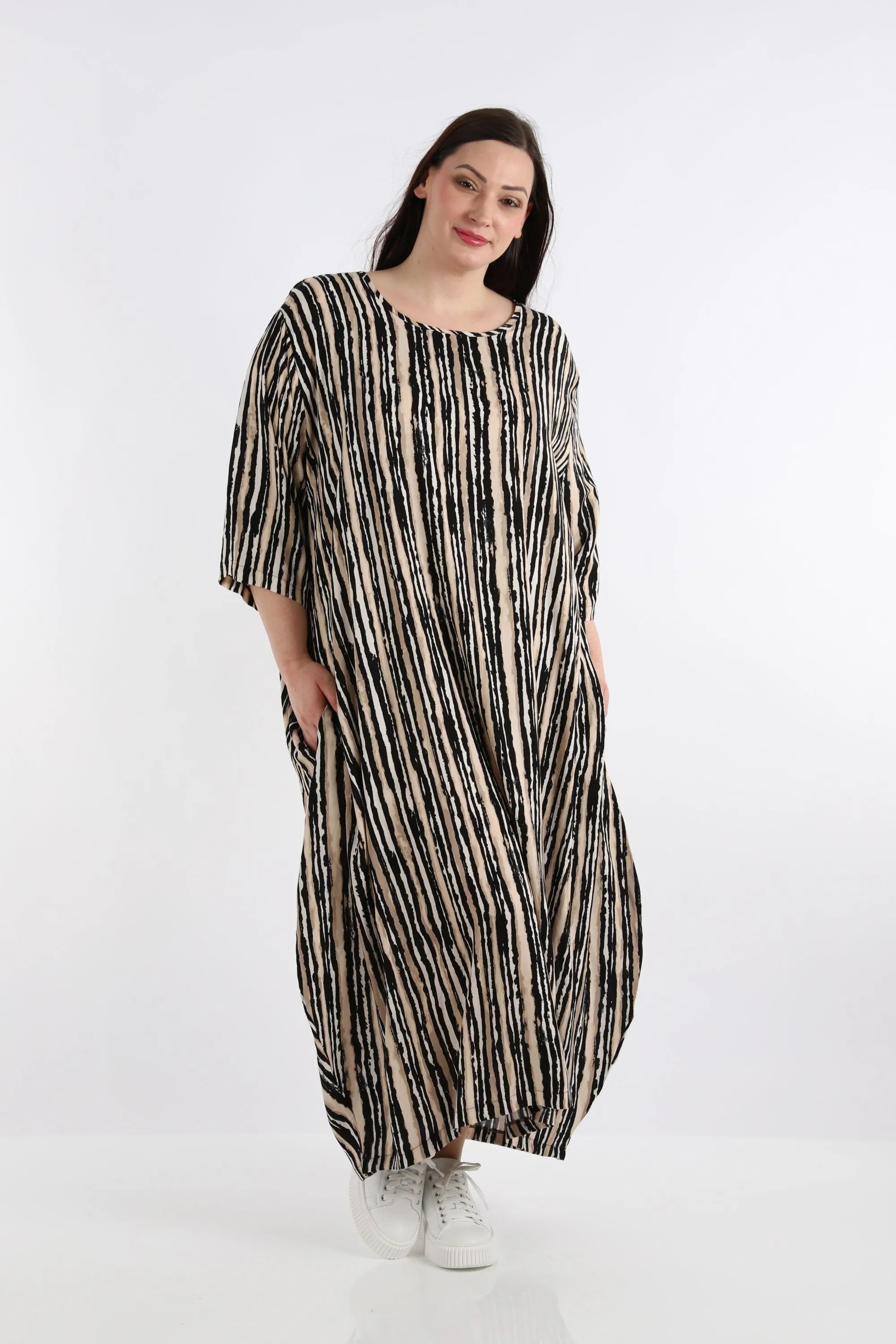  Ballonkleid von AKH Fashion aus Viskose, 1281.01926, Beige-Schwarz-Weiß, Streifen, Schick
