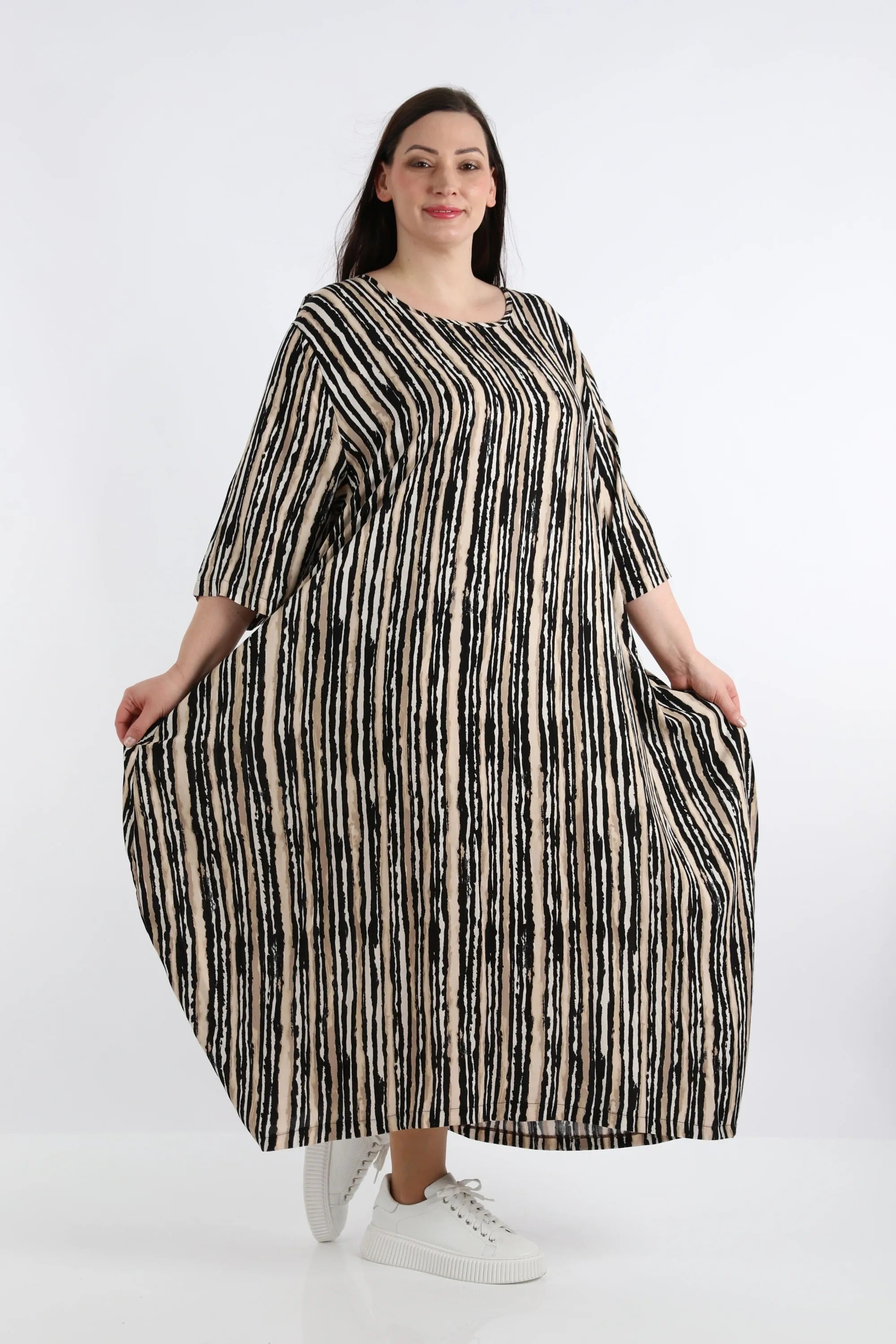  Ballonkleid von AKH Fashion aus Viskose, 1281.01926, Beige-Schwarz-Weiß, Streifen, Schick