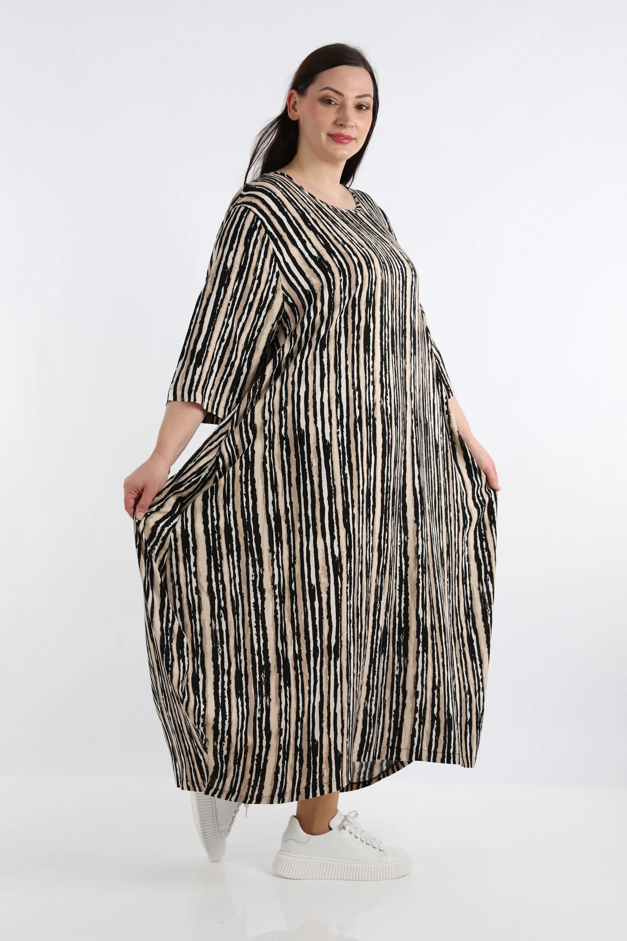  Ballonkleid von AKH Fashion aus Viskose, 1281.01926, Beige-Schwarz-Weiß, Streifen, Schick