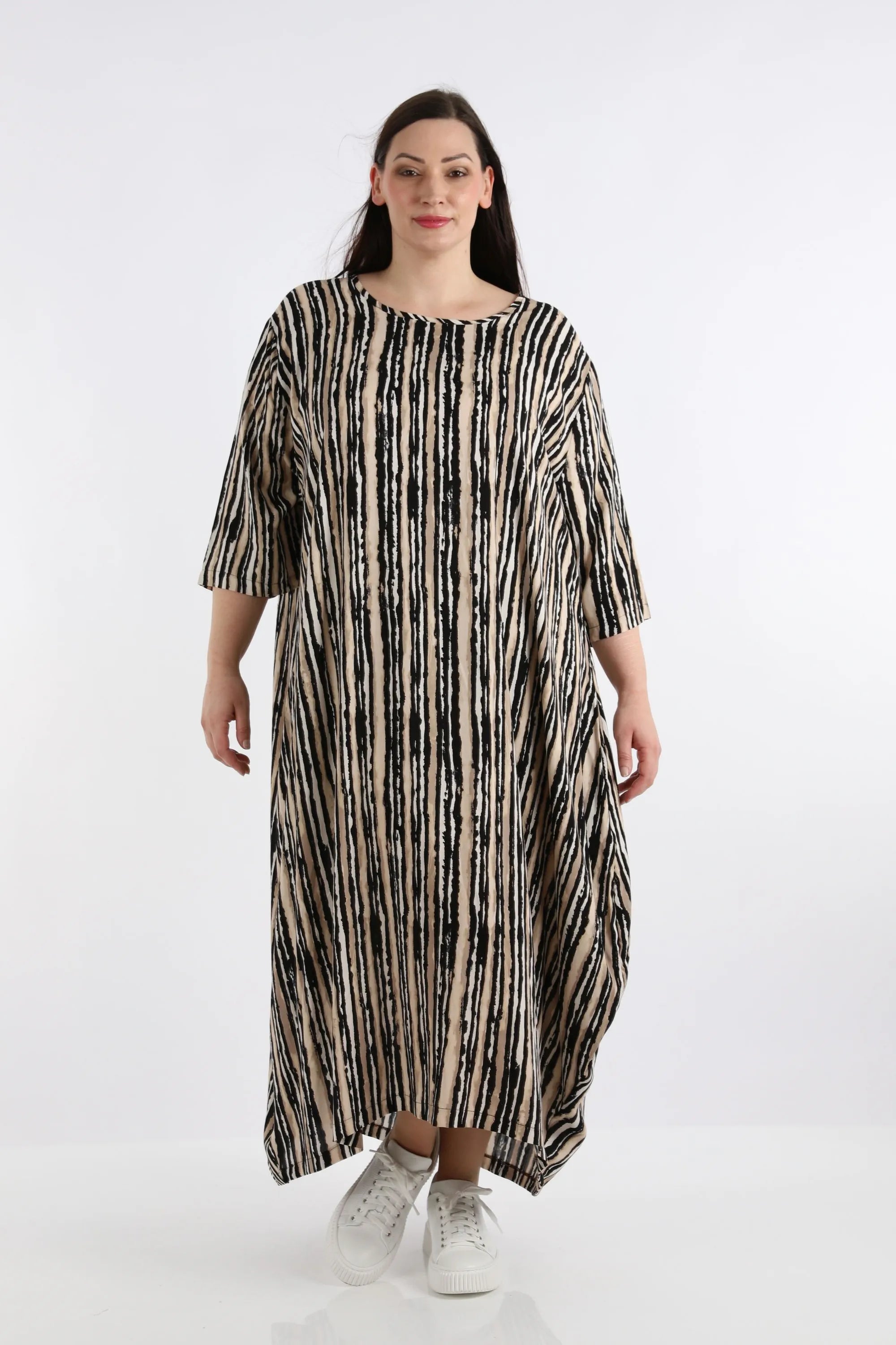  Ballonkleid von AKH Fashion aus Viskose, 1281.01926, Beige-Schwarz-Weiß, Streifen, Schick