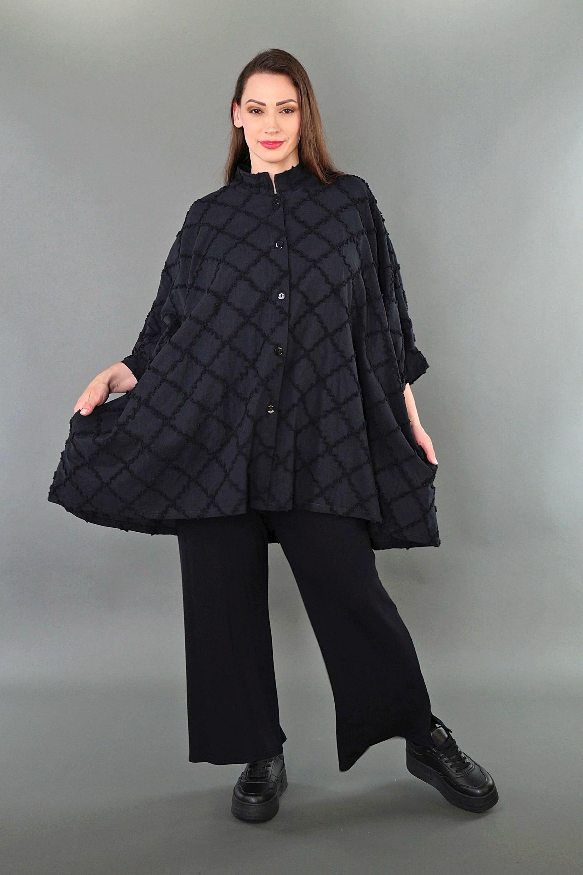  A-Form Jacke von AKH Premium aus Baumwolle, P1004.7116, Schwarz, Raute, Ausgefallen