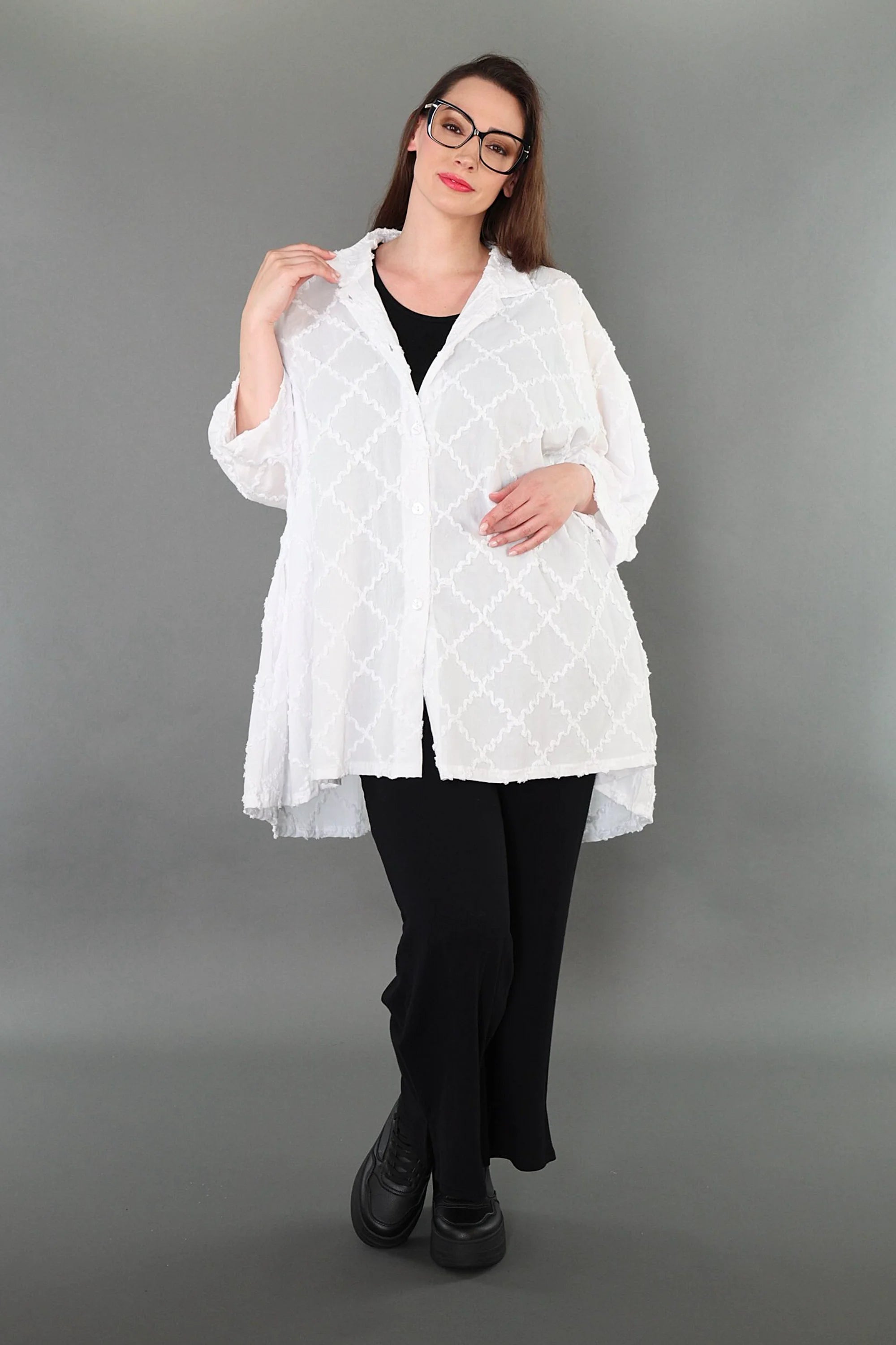  A-Form Jacke von AKH Premium aus Baumwolle, P1004.7116, Weiß, Raute, Ausgefallen, Zeitlos