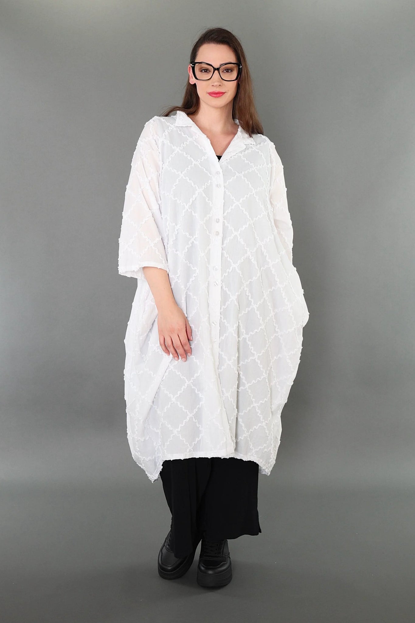  Ballon Bluse von AKH Premium aus Baumwolle, P1004.7117, Weiß, Raute, Ausgefallen, Zeitlos