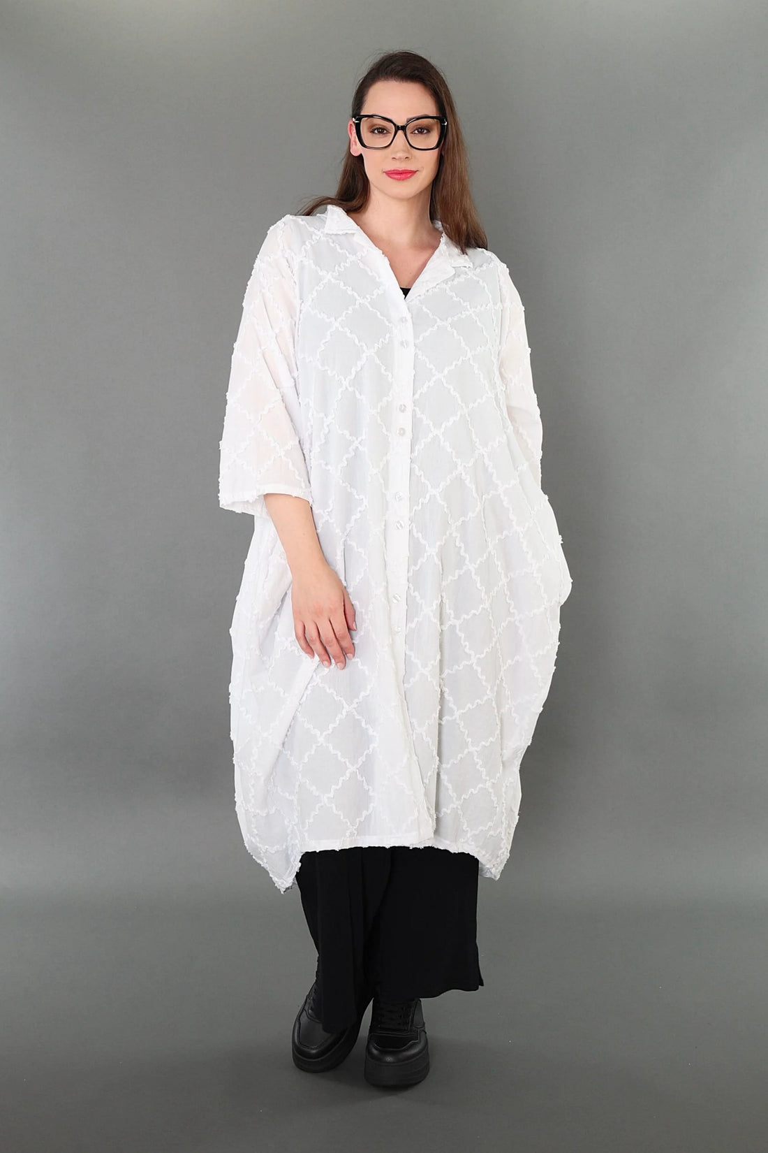  Ballon Bluse von AKH Premium aus Baumwolle, P1004.7117, Weiß, Raute, Ausgefallen, Zeitlos
