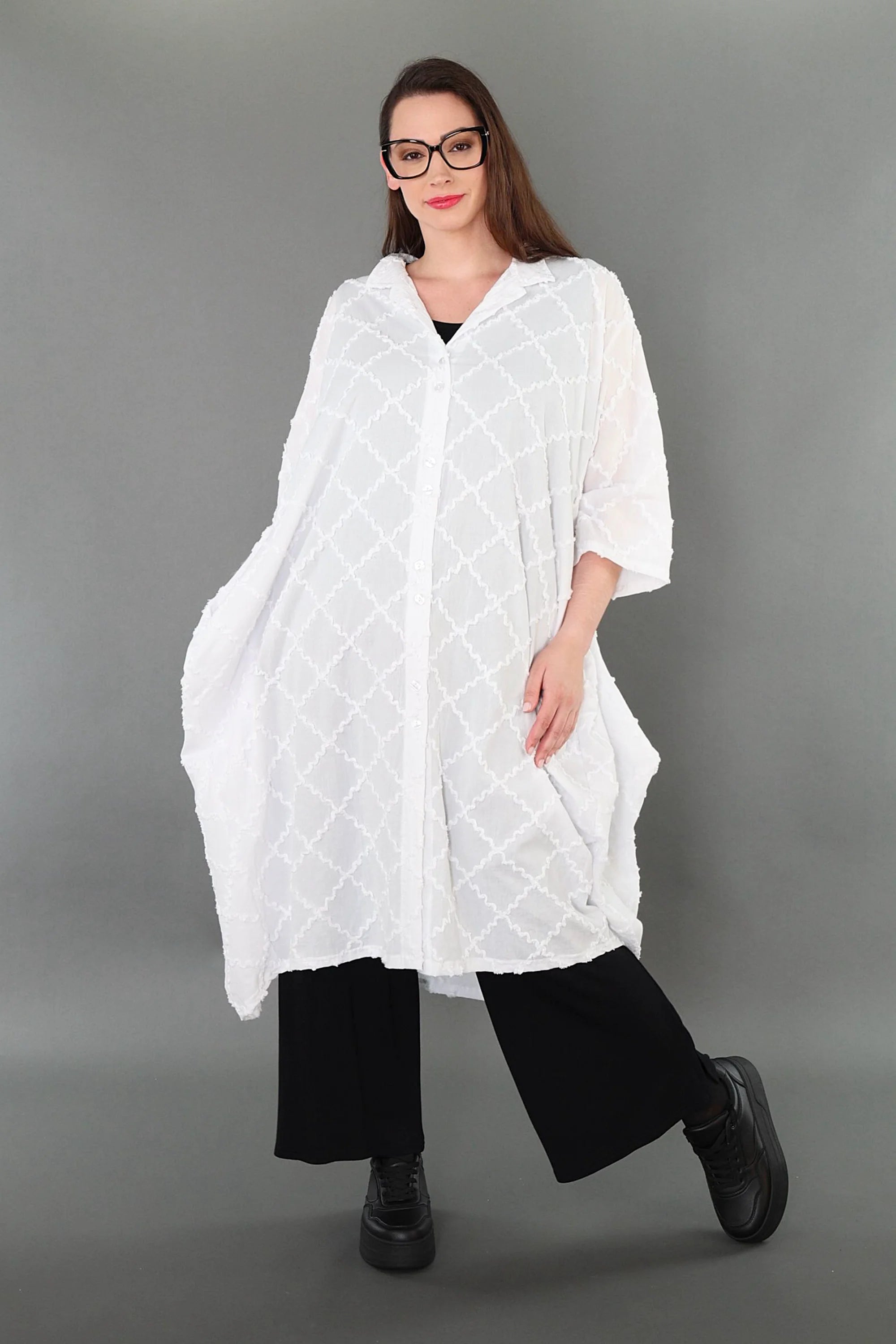  Ballon Bluse von AKH Premium aus Baumwolle, P1004.7117, Weiß, Raute, Ausgefallen, Zeitlos