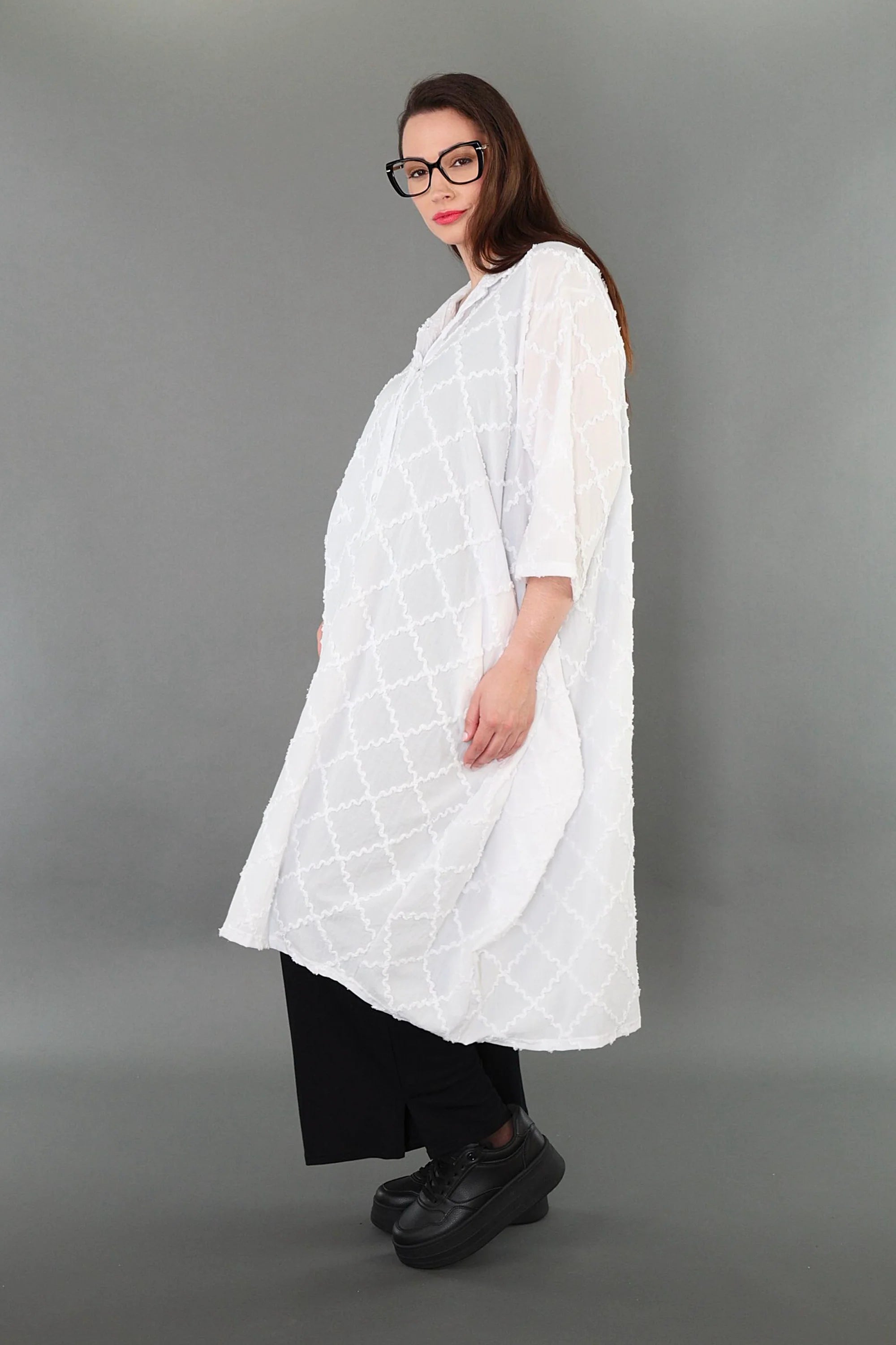  Ballon Bluse von AKH Premium aus Baumwolle, P1004.7117, Weiß, Raute, Ausgefallen, Zeitlos