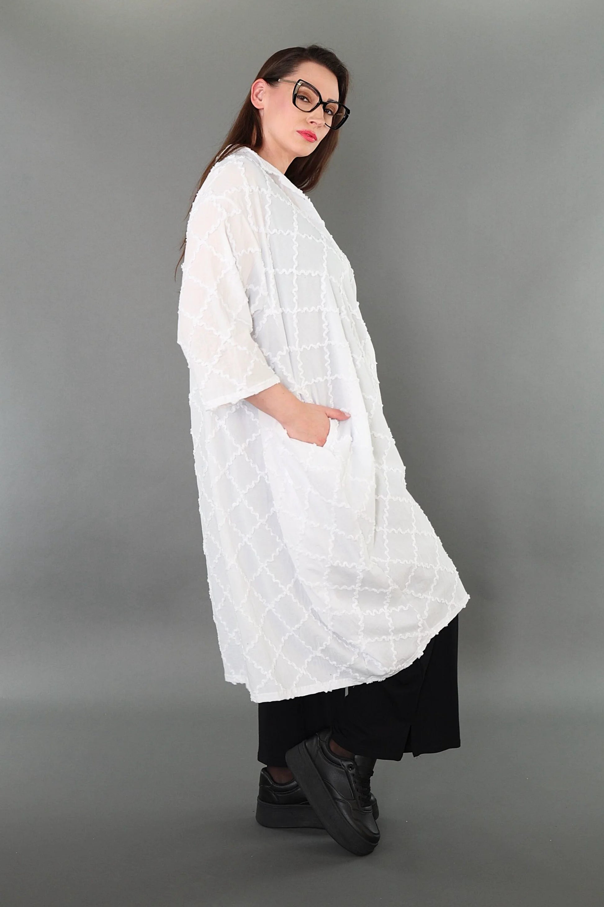  Ballon Bluse von AKH Premium aus Baumwolle, P1004.7117, Weiß, Raute, Ausgefallen, Zeitlos