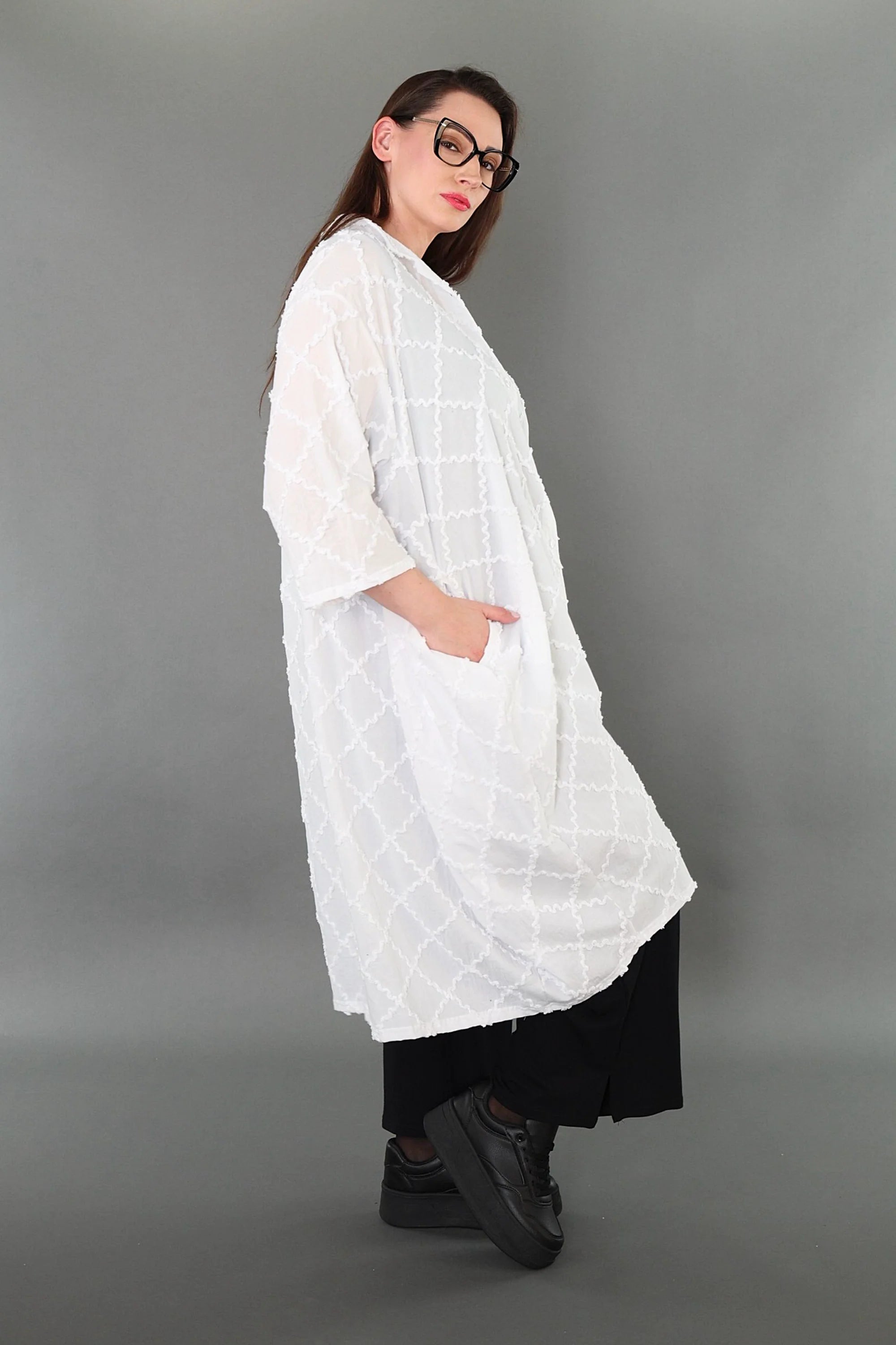  Ballon Bluse von AKH Premium aus Baumwolle, P1004.7117, Weiß, Raute, Ausgefallen, Zeitlos