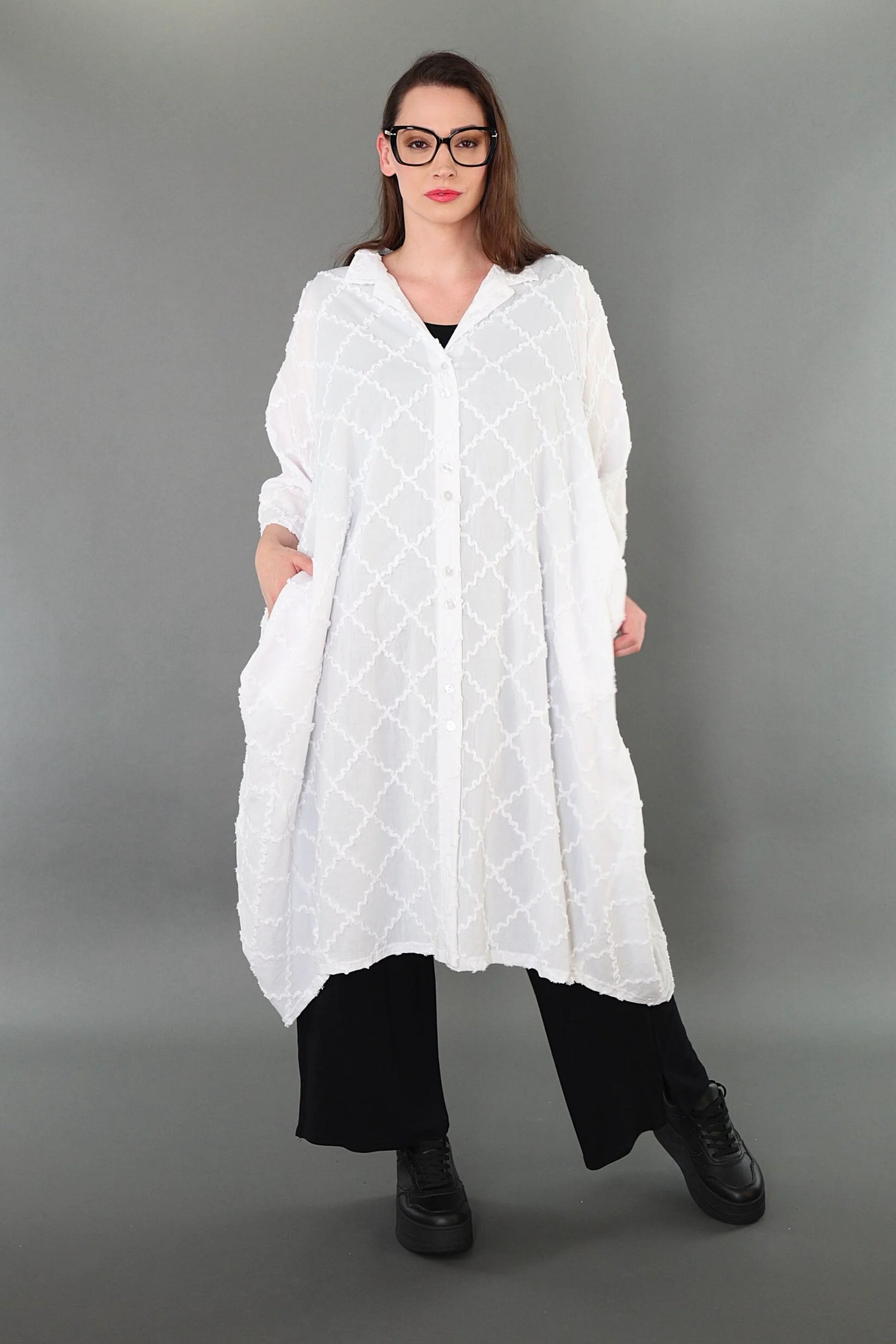  Ballon Bluse von AKH Premium aus Baumwolle, P1004.7117, Weiß, Raute, Ausgefallen, Zeitlos