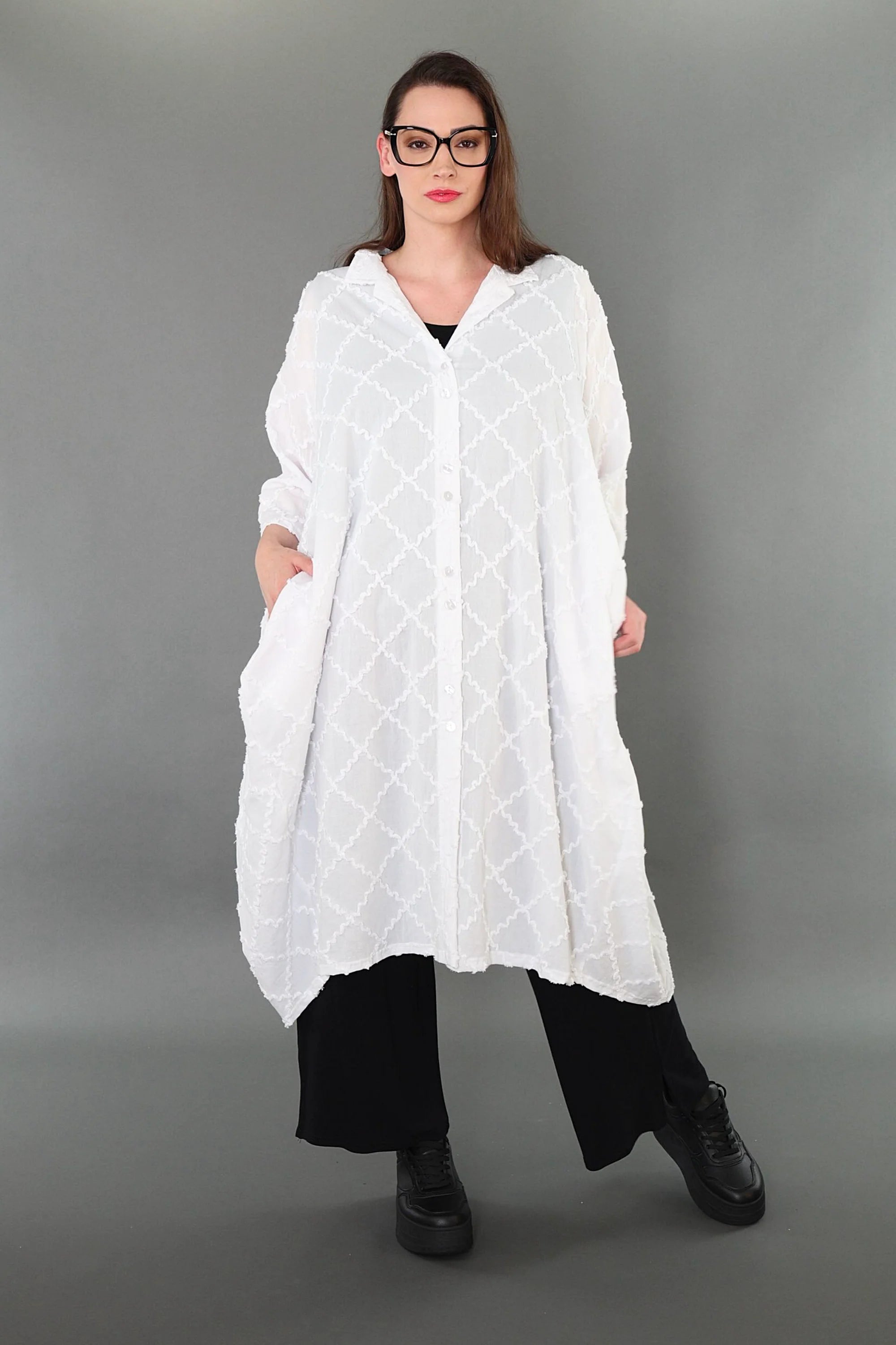 Ballon Bluse von AKH Premium aus Baumwolle, P1004.7117, Weiß, Raute, Ausgefallen, Zeitlos