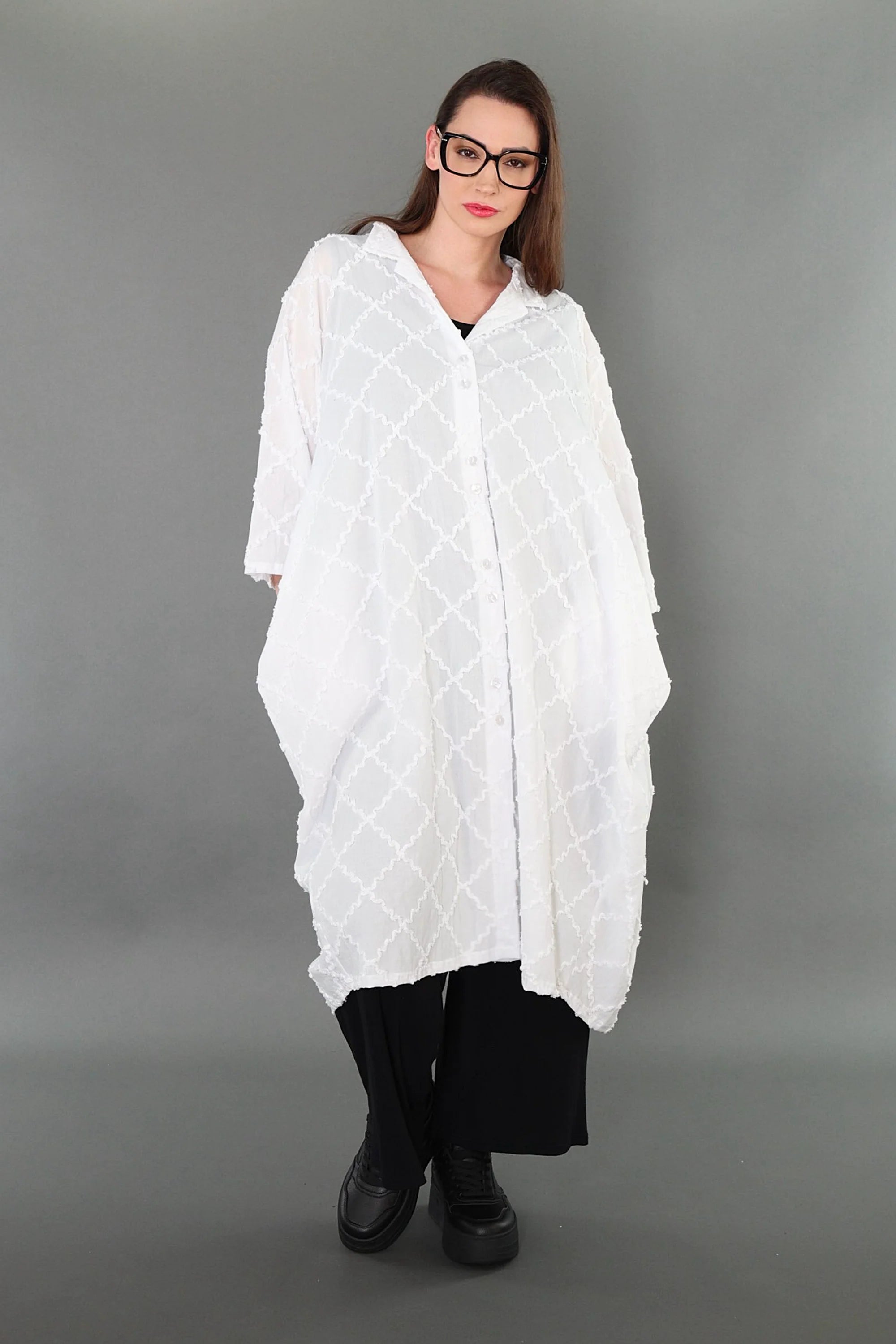 Ballon Bluse von AKH Premium aus Baumwolle, P1004.7117, Weiß, Raute, Ausgefallen, Zeitlos