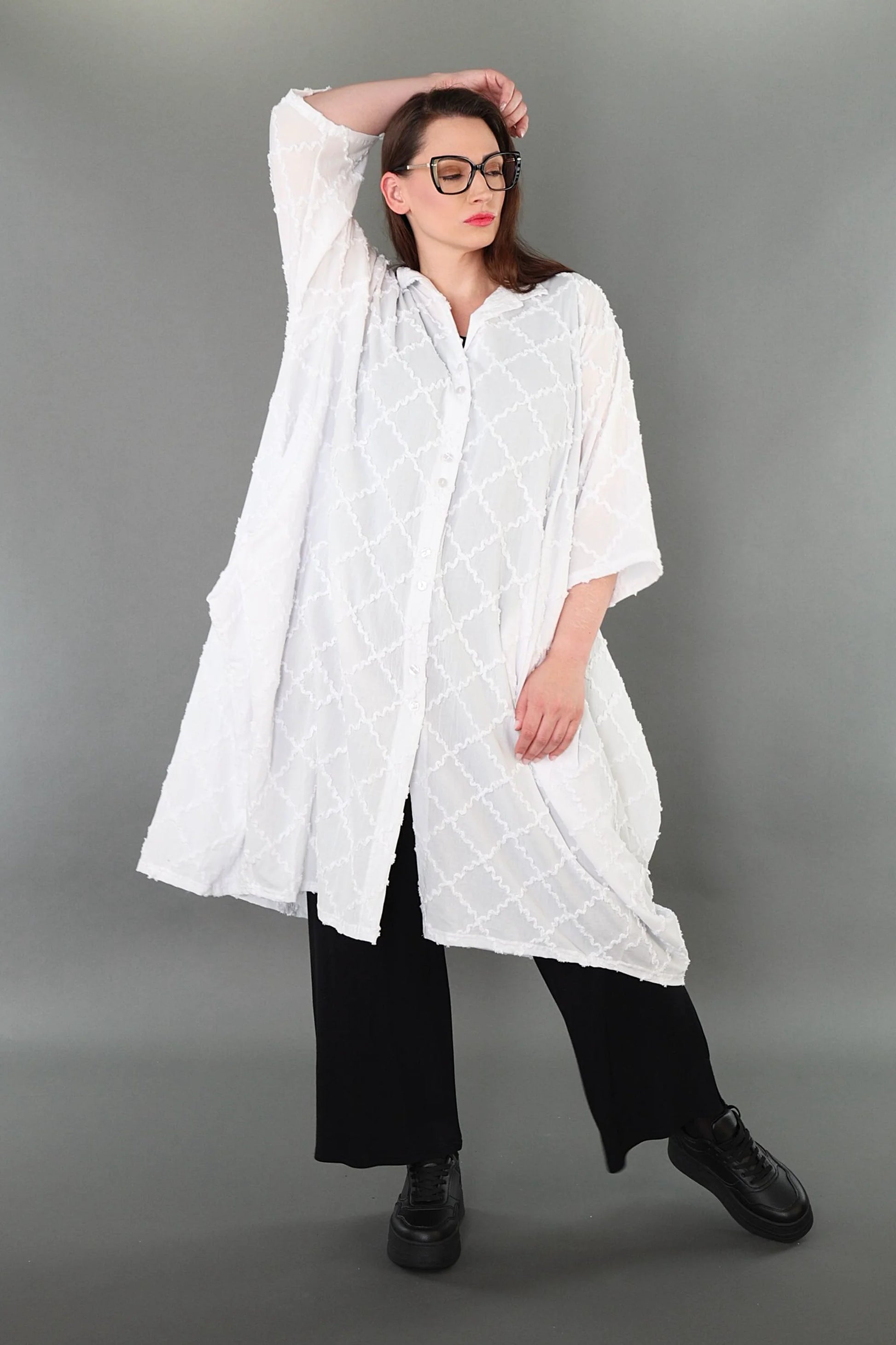  Ballon Bluse von AKH Premium aus Baumwolle, P1004.7117, Weiß, Raute, Ausgefallen, Zeitlos