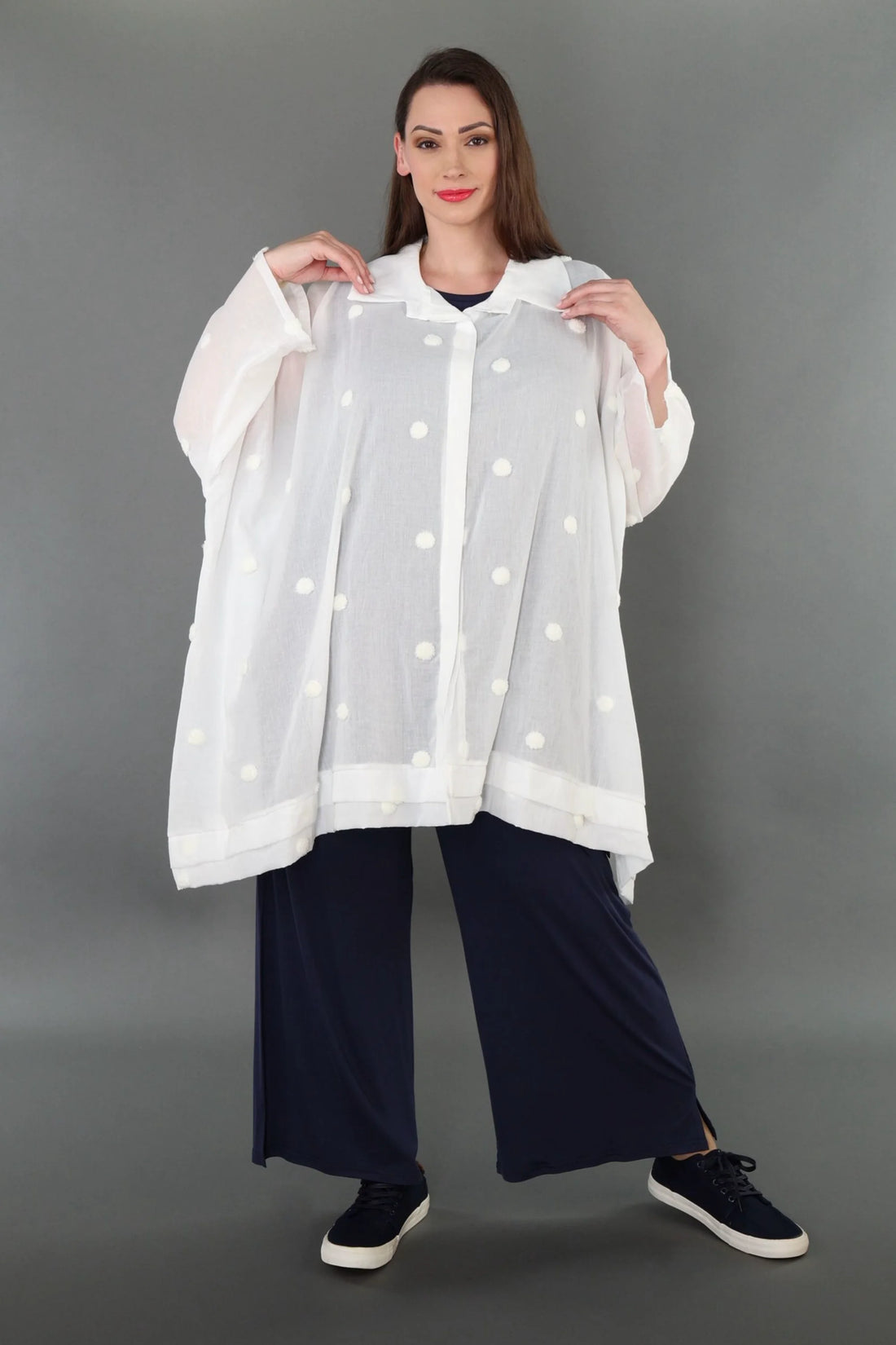  A-Form Bluse von AKH Premium aus Baumwolle, P1005.7110, Weiß, Punkte, Ausgefallen, Zeitlos